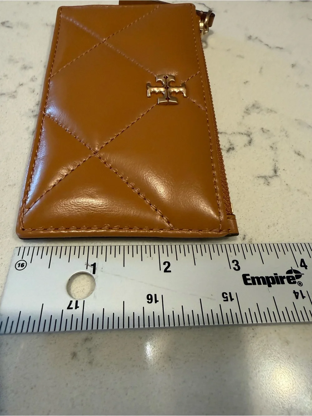 Tory Burch Caramel Quilted Leather Zip Card Holder with Gold Logo